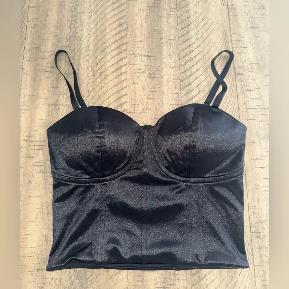 NWOT Express Body Contour Satin Corset Crop Tank Top Bustier Black Cami - Picture 4 of 7